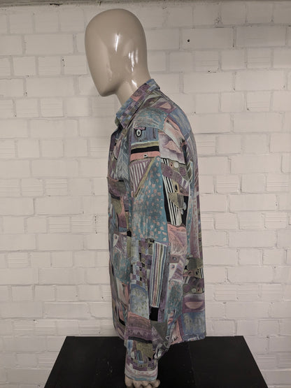Vintage 80's / 90's Viscose King's Road overhemd. Paars Blauw Groen Roze print. Maat L.