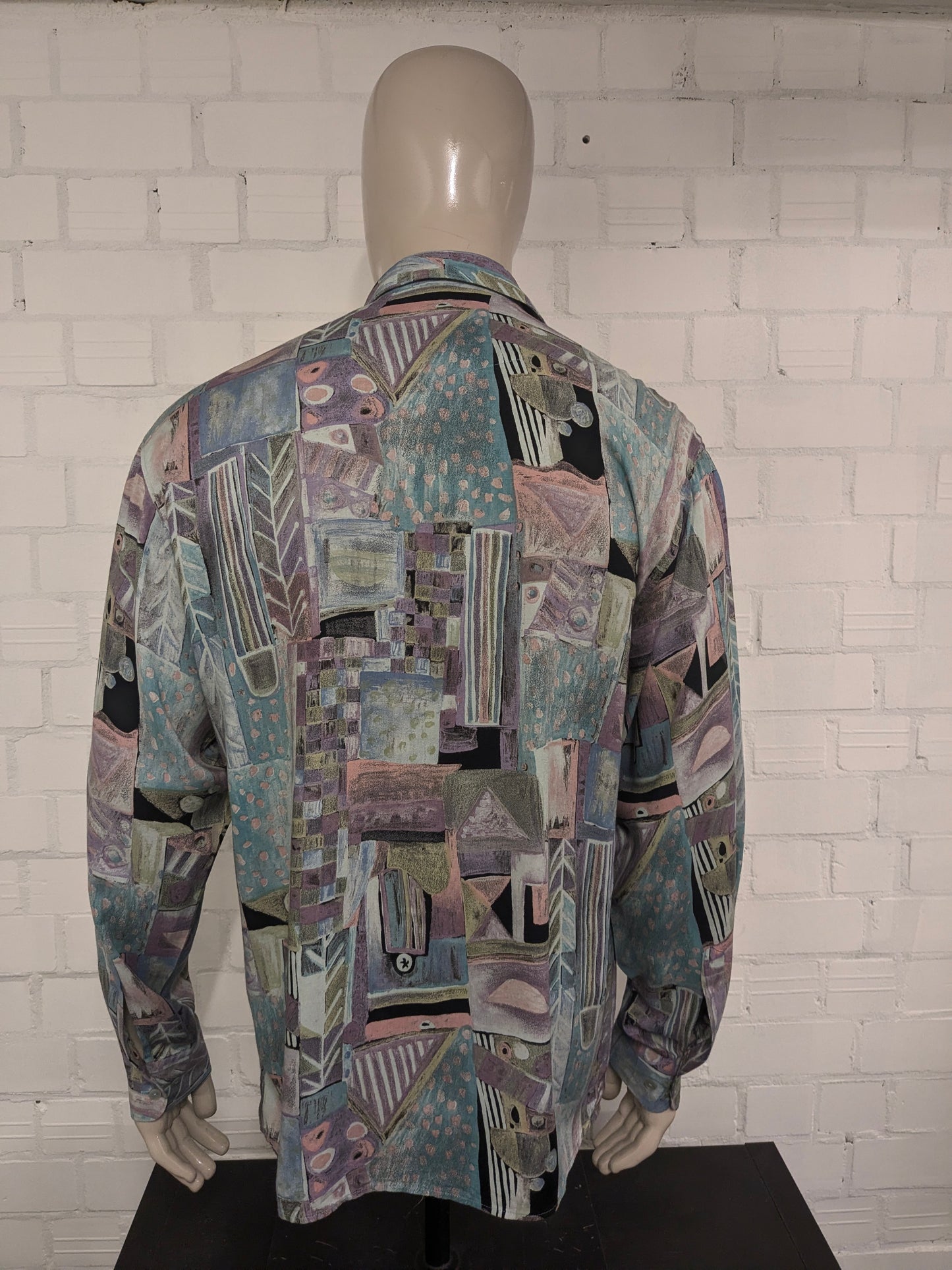 Vintage 80's / 90's Viscose King's Road overhemd. Paars Blauw Groen Roze print. Maat L.