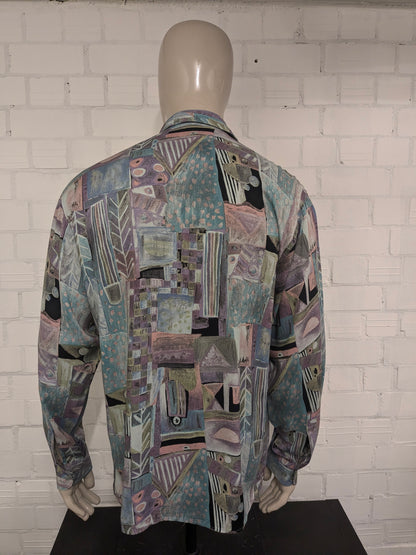 Vintage 80's / 90's Viscose King's Road overhemd. Paars Blauw Groen Roze print. Maat L.