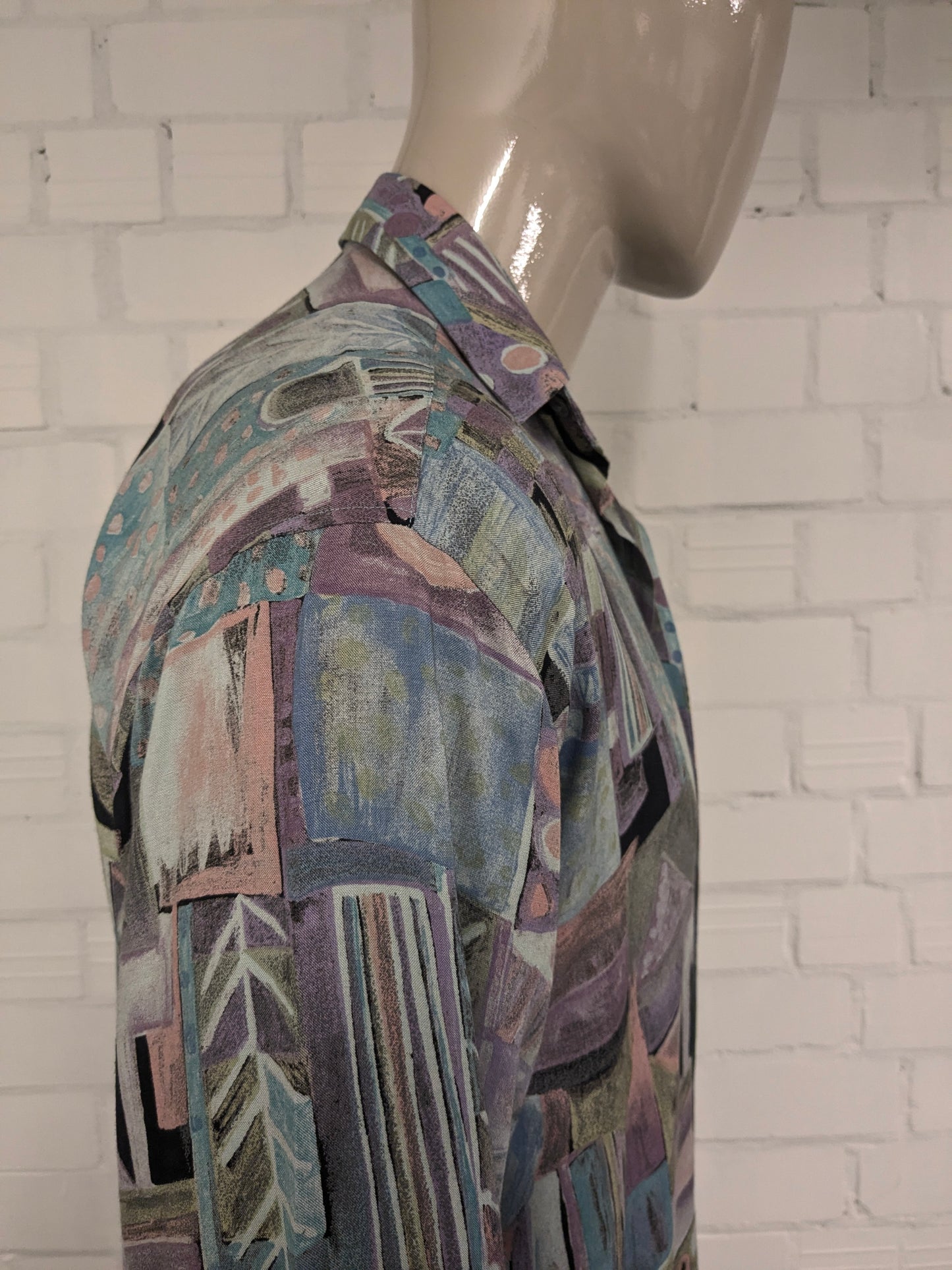 Vintage 80's / 90's Viscose King's Road overhemd. Paars Blauw Groen Roze print. Maat L.