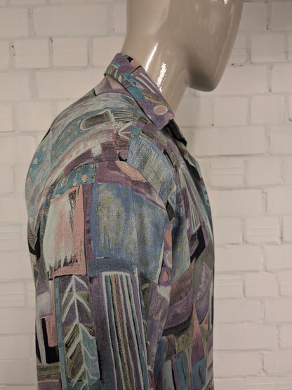Vintage 80's / 90's Viscose King's Road overhemd. Paars Blauw Groen Roze print. Maat L.