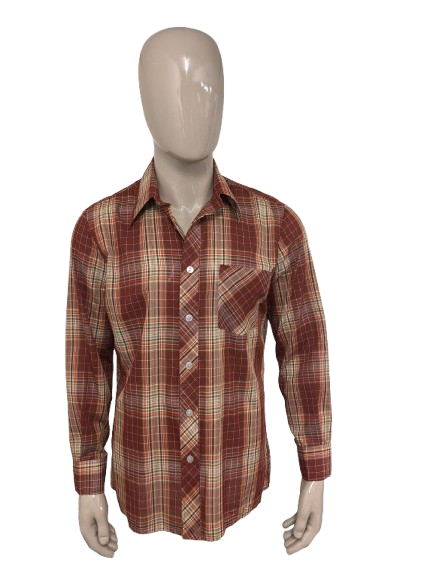 Vintage 70's Romeo overhemd met puntkraag. Rood Geel \oranje Groen geruit. Maat L.