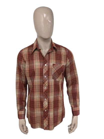 Vintage 70's Romeo overhemd met puntkraag. Rood Geel \oranje Groen geruit. Maat L.