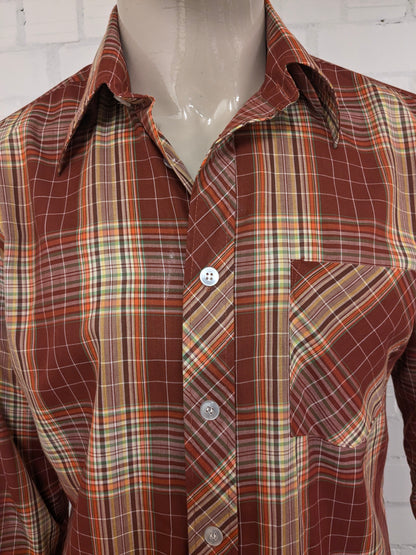 Vintage 70's Romeo overhemd met puntkraag. Rood Geel \oranje Groen geruit. Maat L.