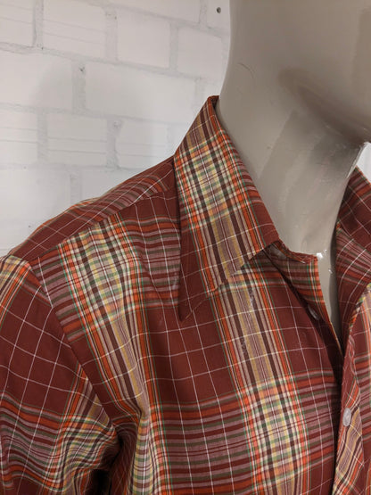 Vintage 70's Romeo overhemd met puntkraag. Rood Geel \oranje Groen geruit. Maat L.