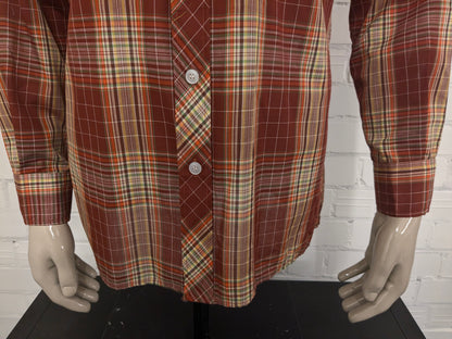 Vintage 70's Romeo overhemd met puntkraag. Rood Geel \oranje Groen geruit. Maat L.