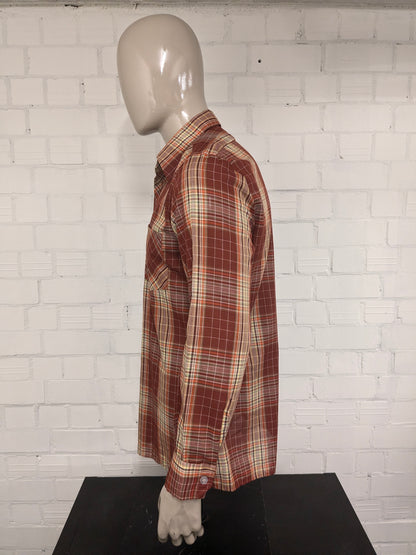 Vintage 70's Romeo overhemd met puntkraag. Rood Geel \oranje Groen geruit. Maat L.