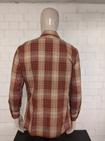 Vintage 70's Romeo overhemd met puntkraag. Rood Geel \oranje Groen geruit. Maat L.