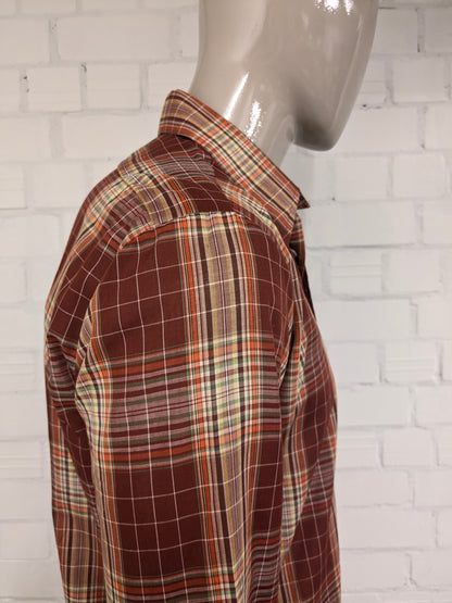Vintage 70's Romeo overhemd met puntkraag. Rood Geel \oranje Groen geruit. Maat L.