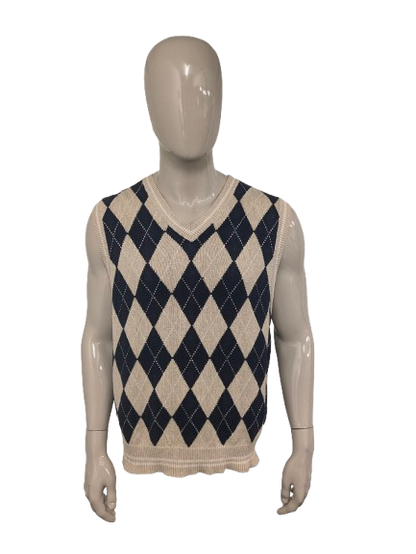 Chaps Ralph Lauren Linnen/ Katoenen spencer met V-Hals. Beige Blauw argyle motief. Maat XL.