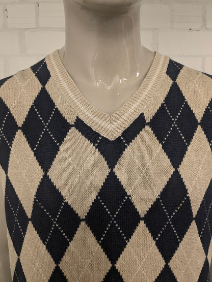 Chaps Ralph Lauren Linnen/ Katoenen spencer met V-Hals. Beige Blauw argyle motief. Maat XL.