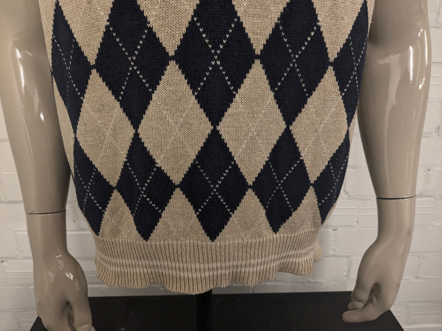 Chaps Ralph Lauren Linnen/ Katoenen spencer met V-Hals. Beige Blauw argyle motief. Maat XL.
