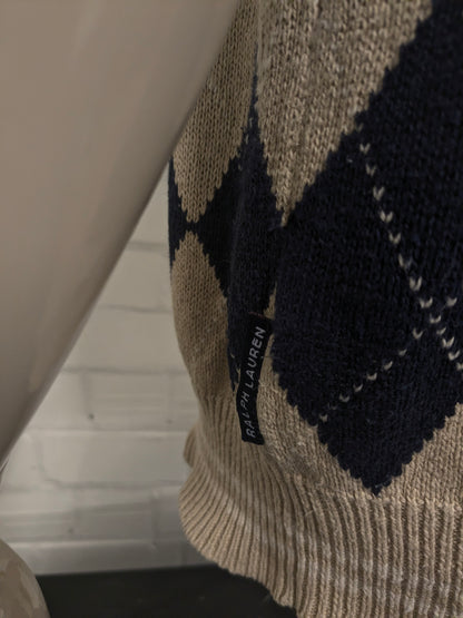 Chaps Ralph Lauren Linnen/ Katoenen spencer met V-Hals. Beige Blauw argyle motief. Maat XL.