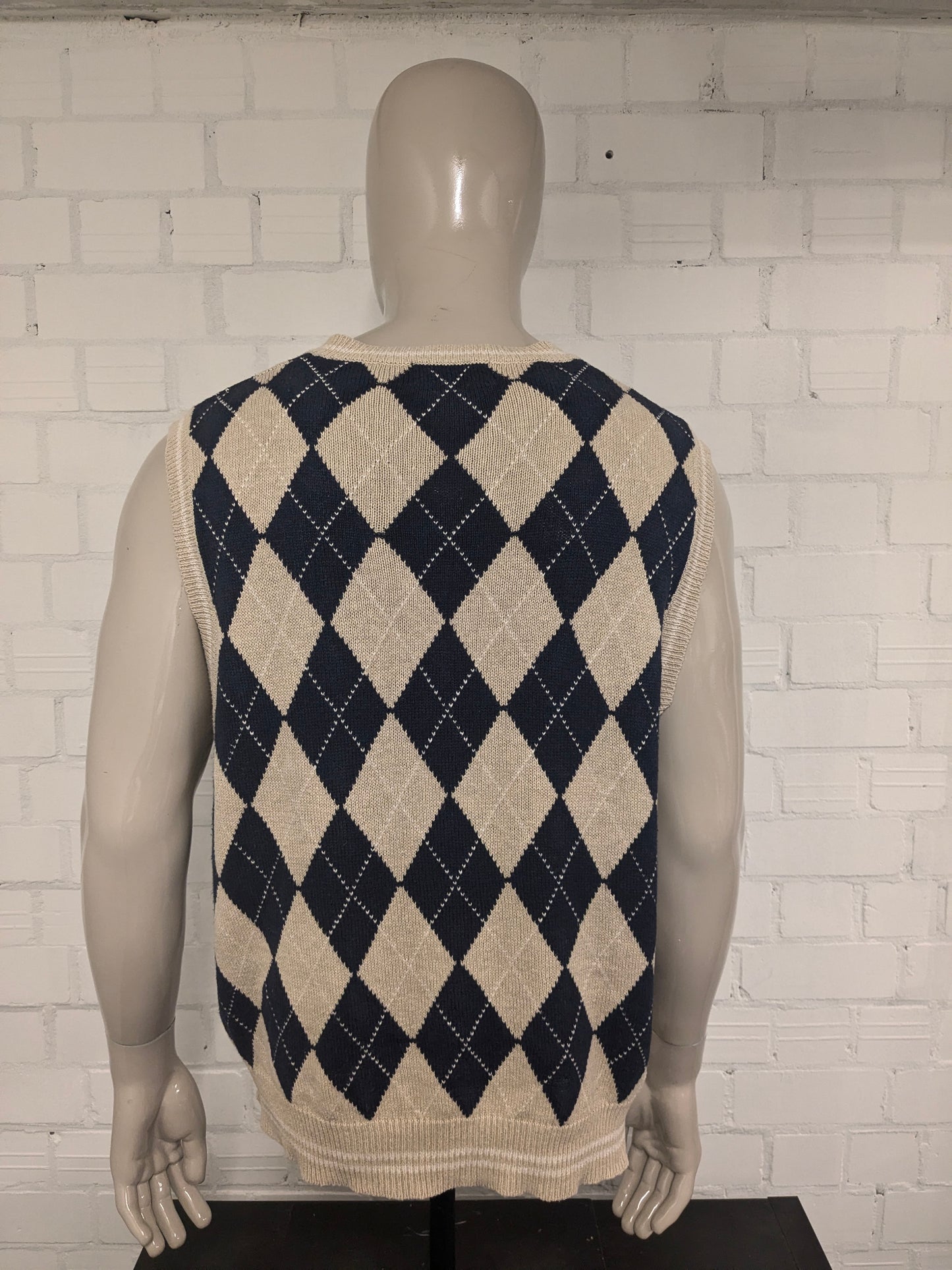 Chaps Ralph Lauren Linnen/ Katoenen spencer met V-Hals. Beige Blauw argyle motief. Maat XL.
