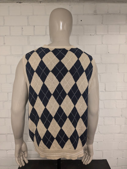 Chaps Ralph Lauren Linnen/ Katoenen spencer met V-Hals. Beige Blauw argyle motief. Maat XL.