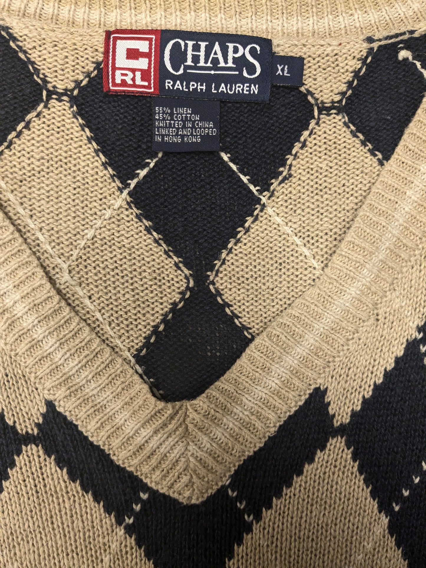 Chaps Ralph Lauren Linnen/ Katoenen spencer met V-Hals. Beige Blauw argyle motief. Maat XL.