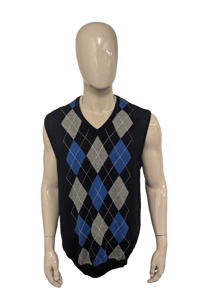 Chaps Spencer avec col en V. Motif argyle bleu gris. Taille L.