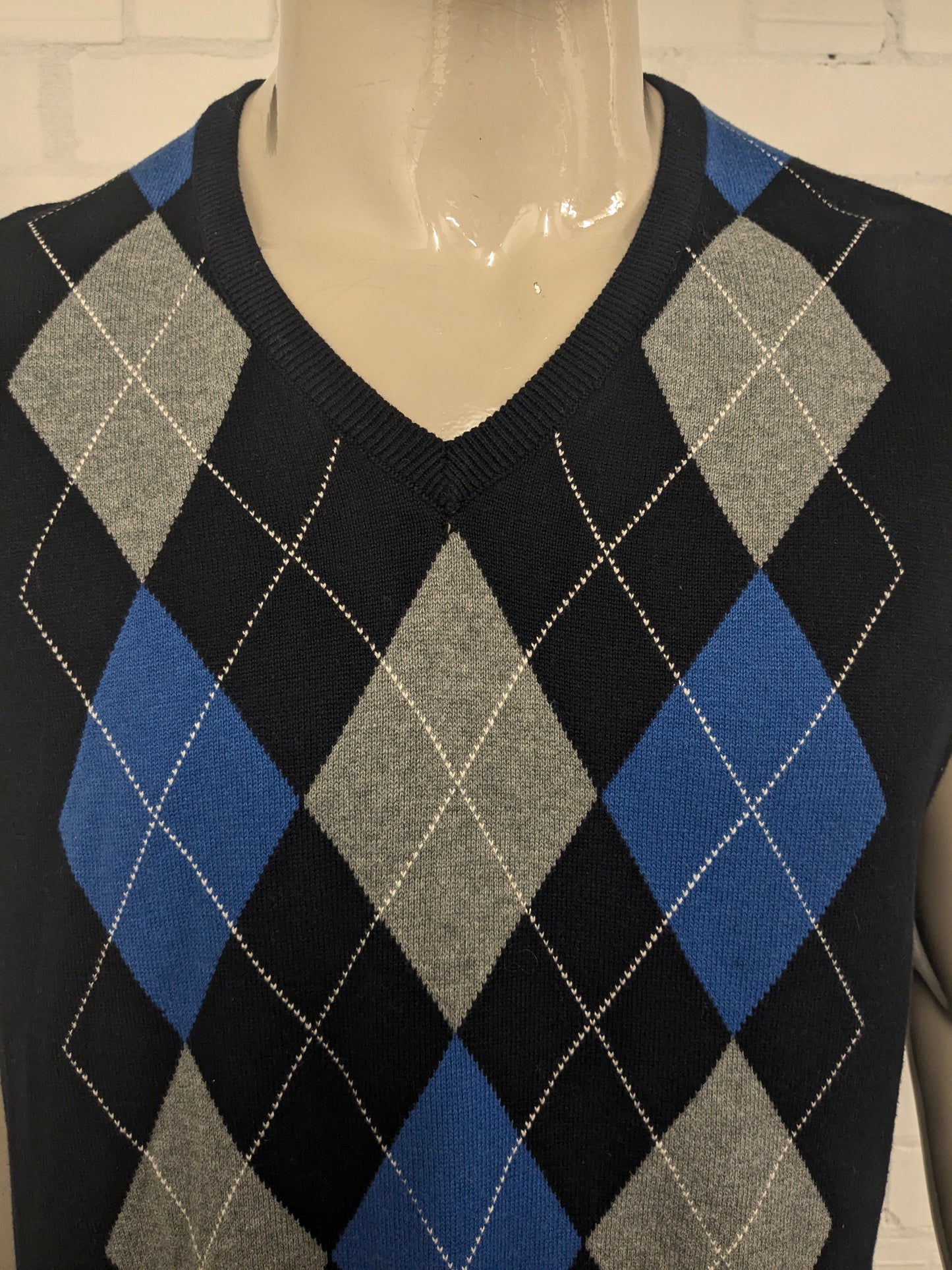 Chaps spencer met V-Hals. Blauw Grijs argyle motief. Maat L.