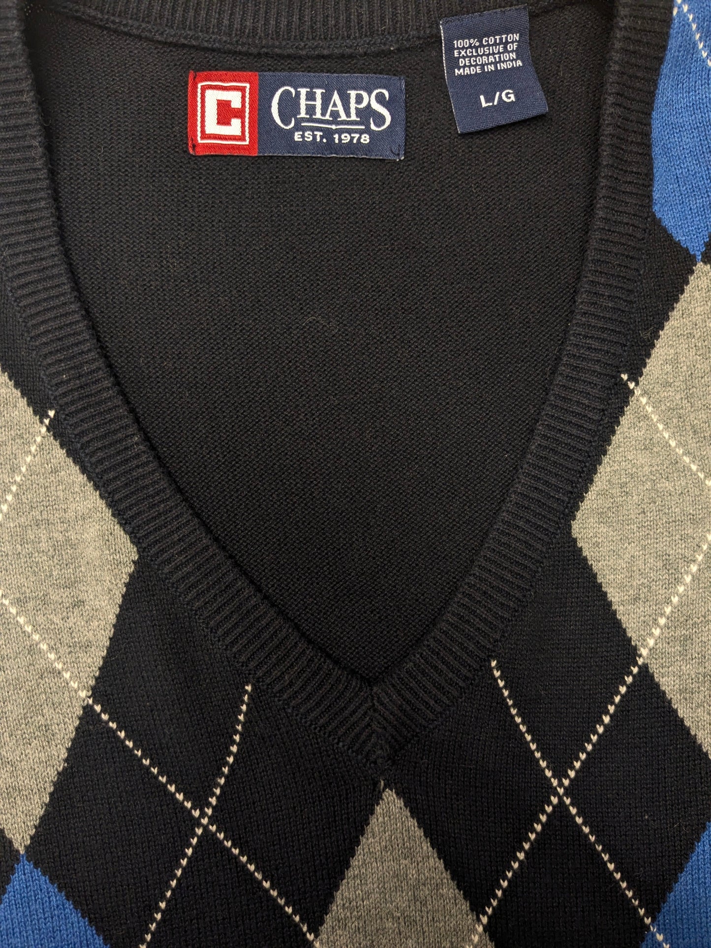 Chaps spencer met V-Hals. Blauw Grijs argyle motief. Maat L.