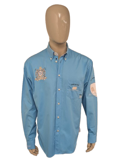 Van Santen & Van Santen overhemd. Blauw met verschillende applicaties. Maat XL.