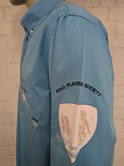 Van Santen & Van Santen overhemd. Blauw met verschillende applicaties. Maat XL.