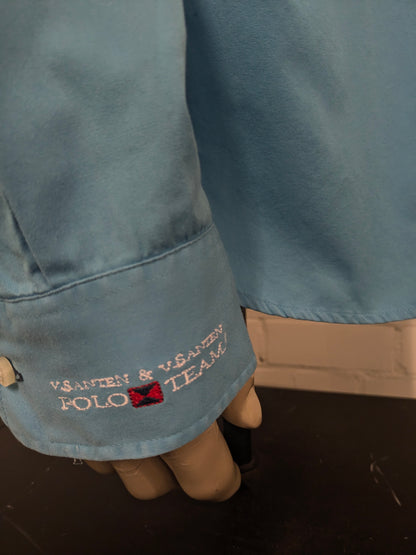Van Santen & Van Santen overhemd. Blauw met verschillende applicaties. Maat XL.