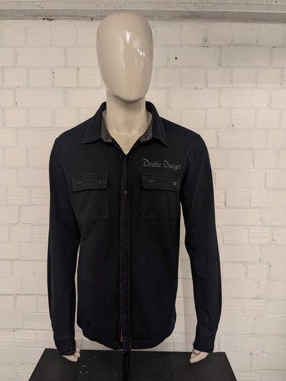 Vintage Flash Men89 overhemd. Zwart met applicaties. Maat XL. stretch.