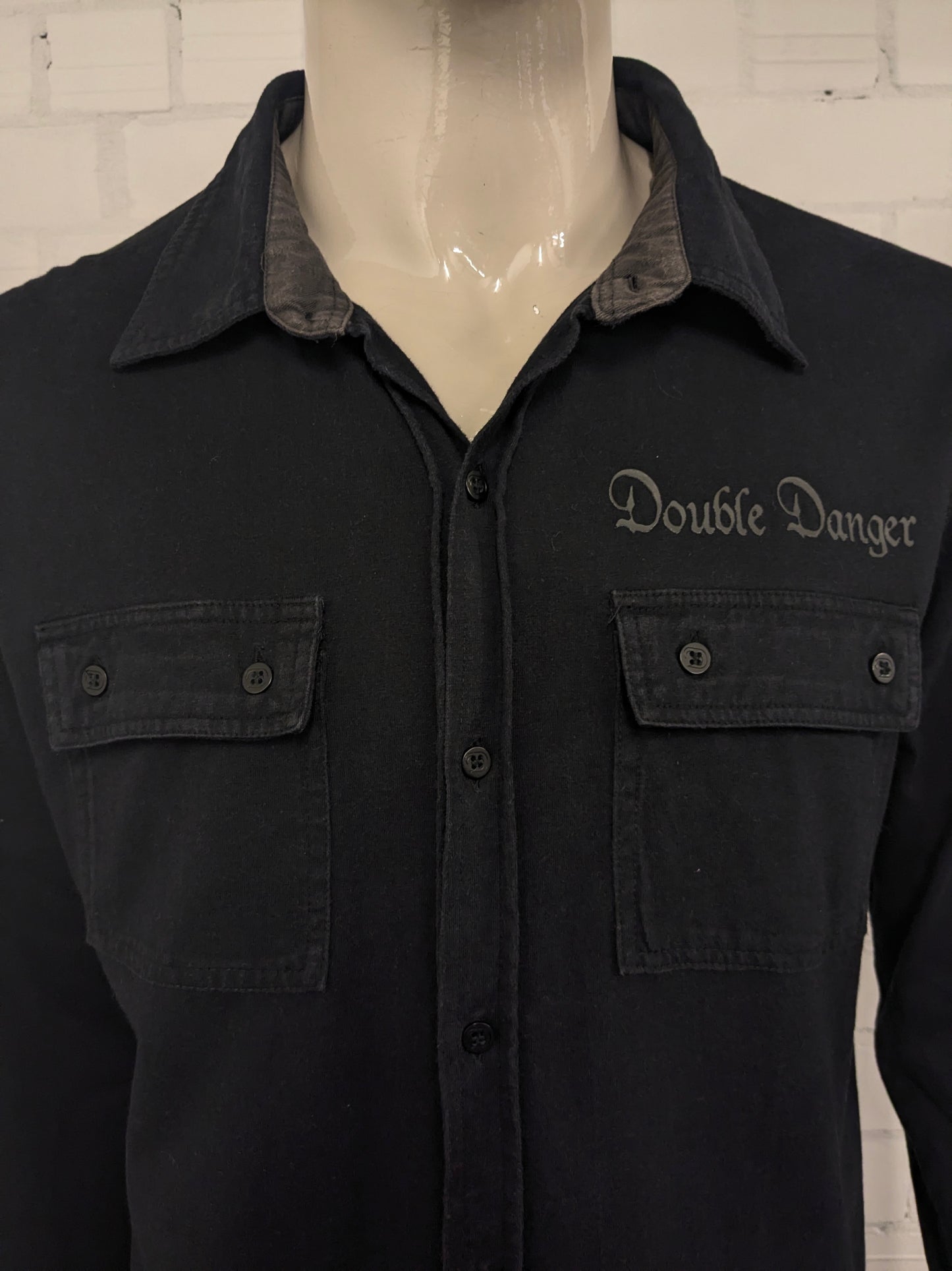 Vintage Flash Men89 overhemd. Zwart met applicaties. Maat XL. stretch.