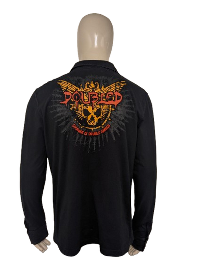 Vintage Flash Men89 overhemd. Zwart met applicaties. Maat XL. stretch.