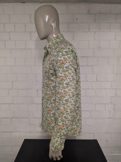 Limited by Chenaski overhemd met puntkraag. Geel Groen Oranje print. Maat L.