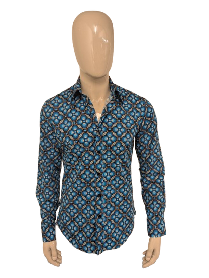 Chenaski overhemd. Blauw Beige Zwarte print. Maat M.