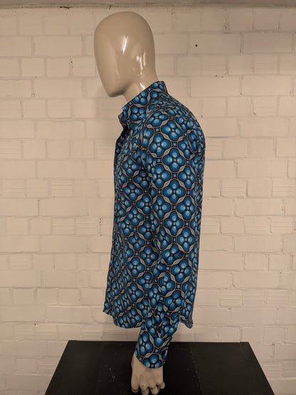 Chenaski overhemd. Blauw Beige Zwarte print. Maat M.