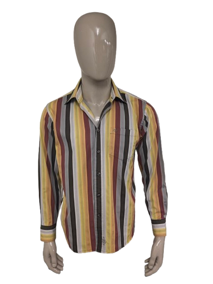 Vintage Tom Tailor overhemd. Geel Rood Oranje Bruin gestreept. Maat L.