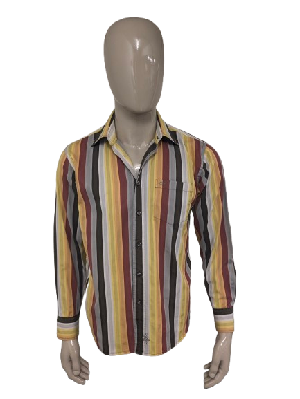 Vintage Tom Tailor overhemd. Geel Rood Oranje Bruin gestreept. Maat L.