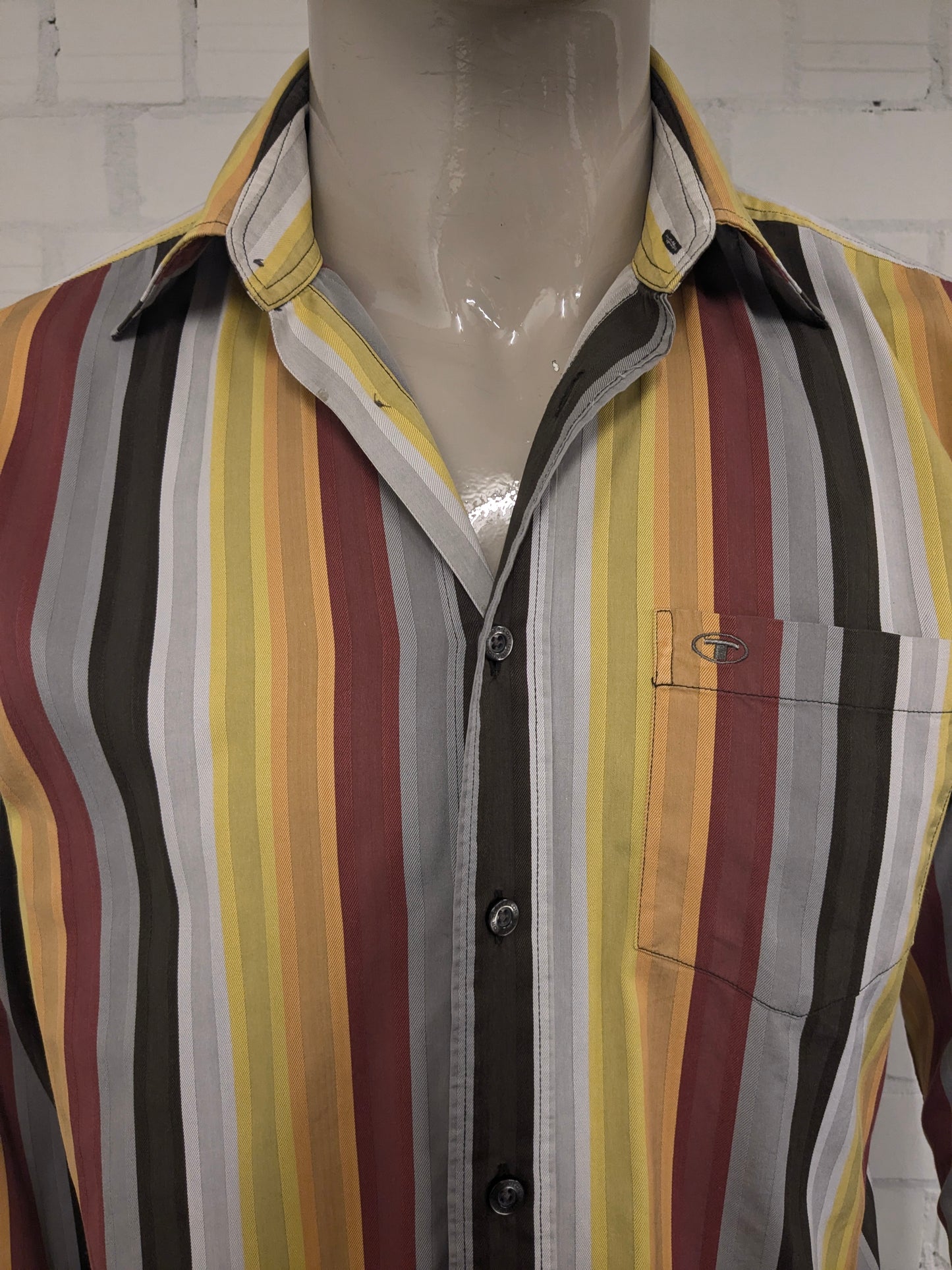 Vintage Tom Tailor overhemd. Geel Rood Oranje Bruin gestreept. Maat L.