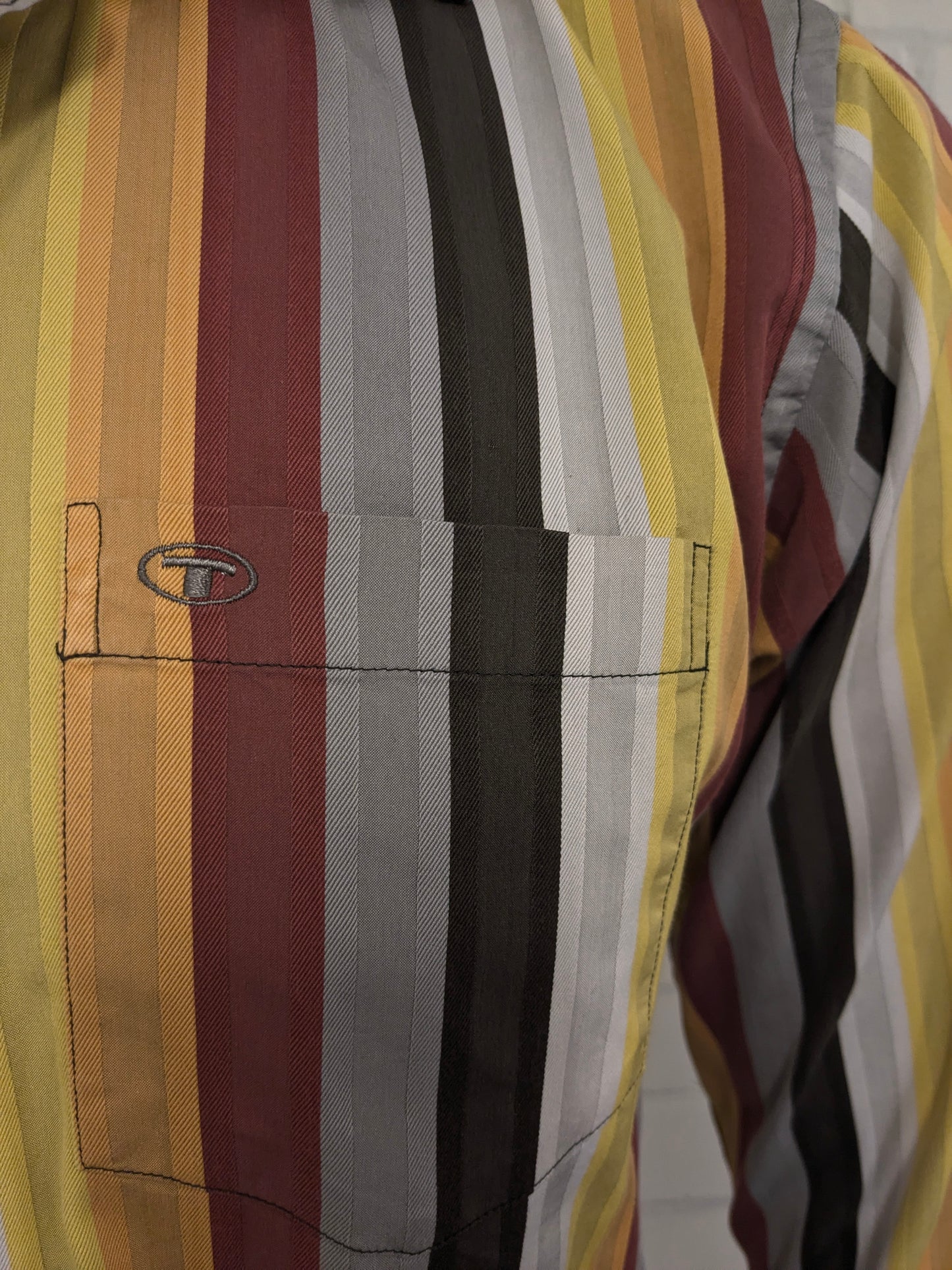 Vintage Tom Tailor overhemd. Geel Rood Oranje Bruin gestreept. Maat L.
