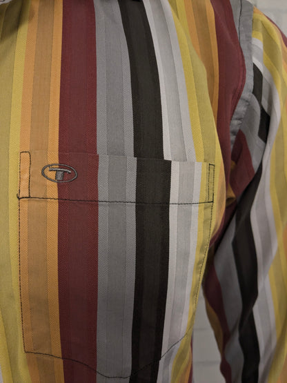 Vintage Tom Tailor overhemd. Geel Rood Oranje Bruin gestreept. Maat L.