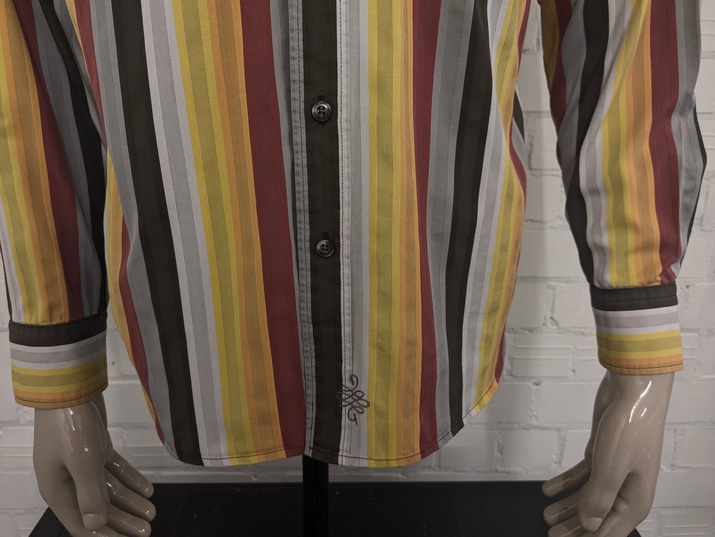 Vintage Tom Tailor overhemd. Geel Rood Oranje Bruin gestreept. Maat L.