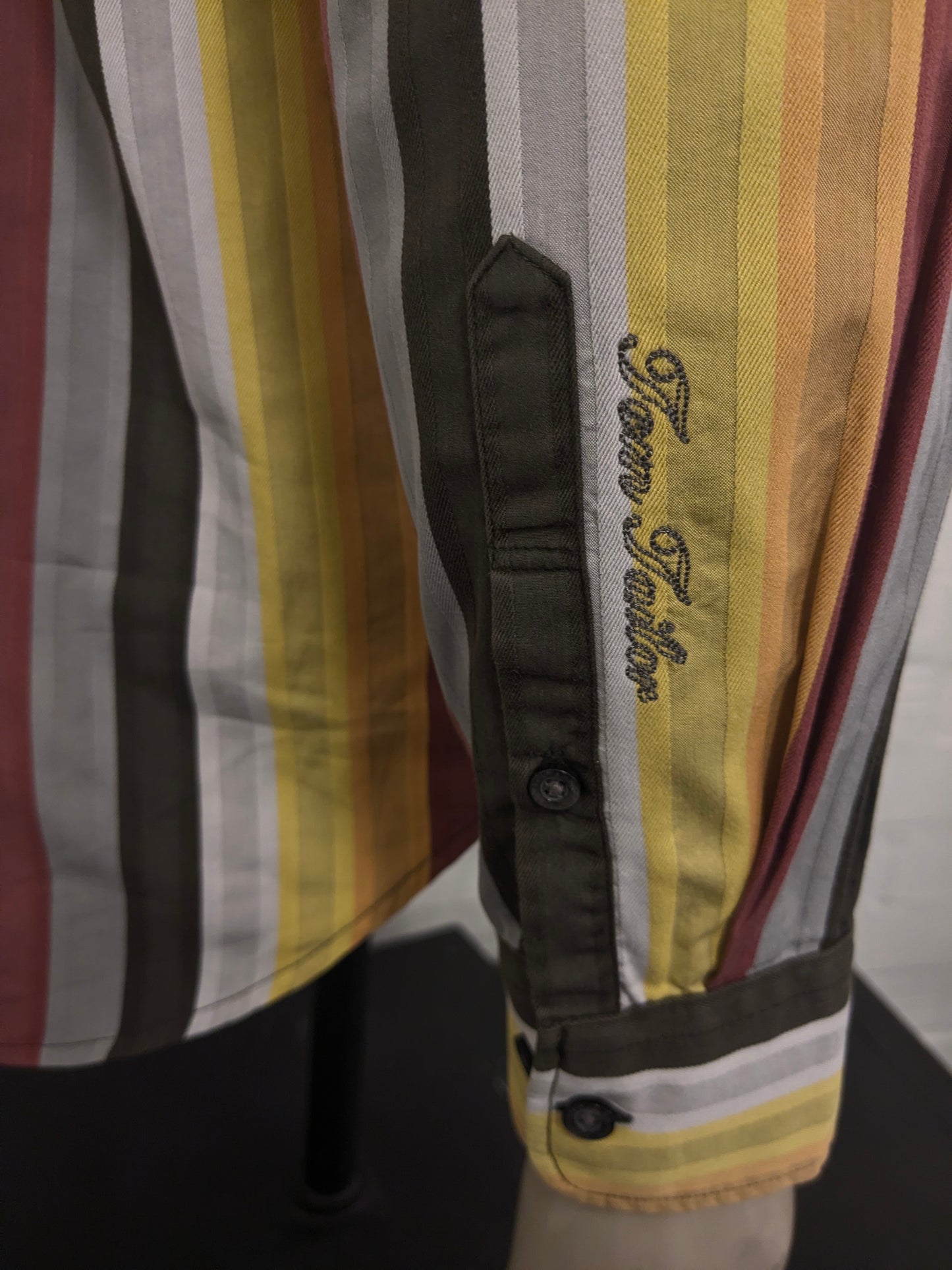 Vintage Tom Tailor overhemd. Geel Rood Oranje Bruin gestreept. Maat L.