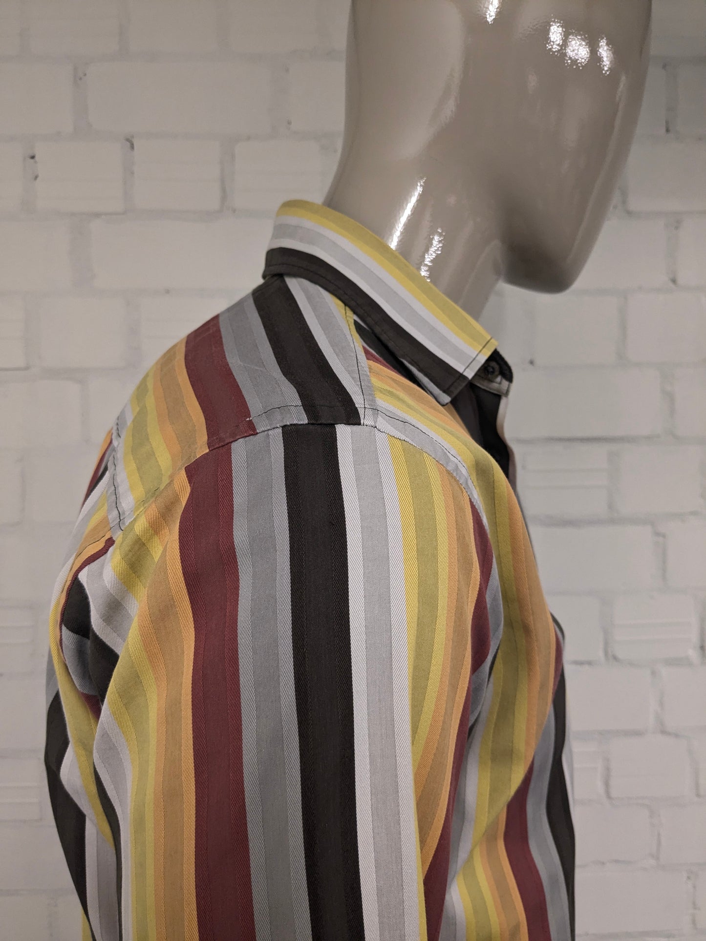 Vintage Tom Tailor overhemd. Geel Rood Oranje Bruin gestreept. Maat L.