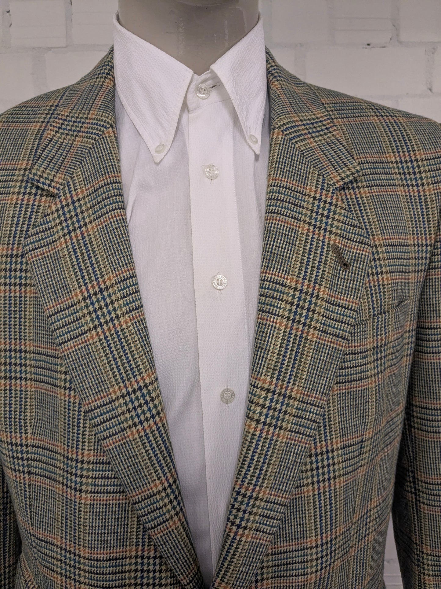 Vintage Alain Dubeau Wollen colbert. Groen Oranje Blauw geruit. Maat 52 / L.