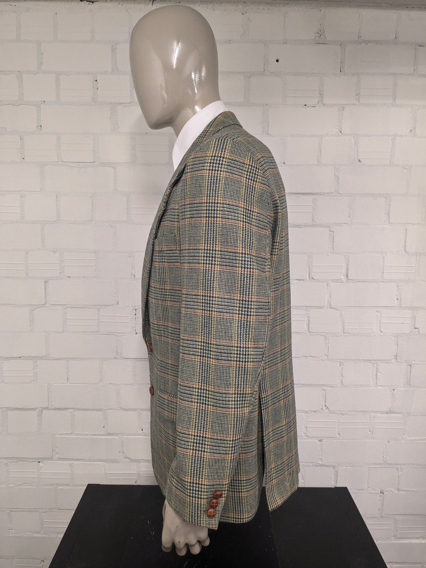 Vintage Alain Dubeau Wollen colbert. Groen Oranje Blauw geruit. Maat 52 / L.