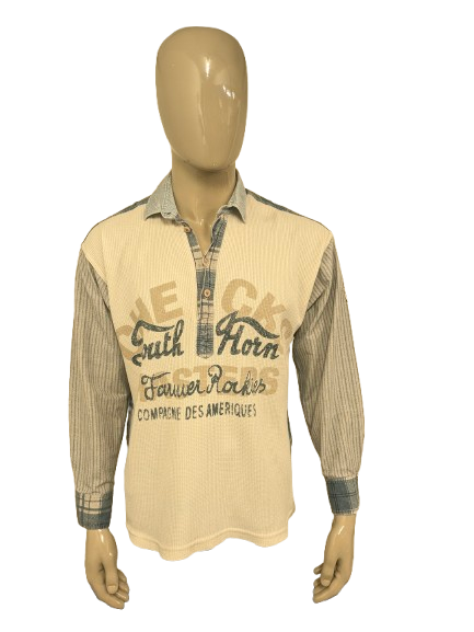 Vintage CDA dünner Polopullover – Beige/Grau/Blau – Größe XL