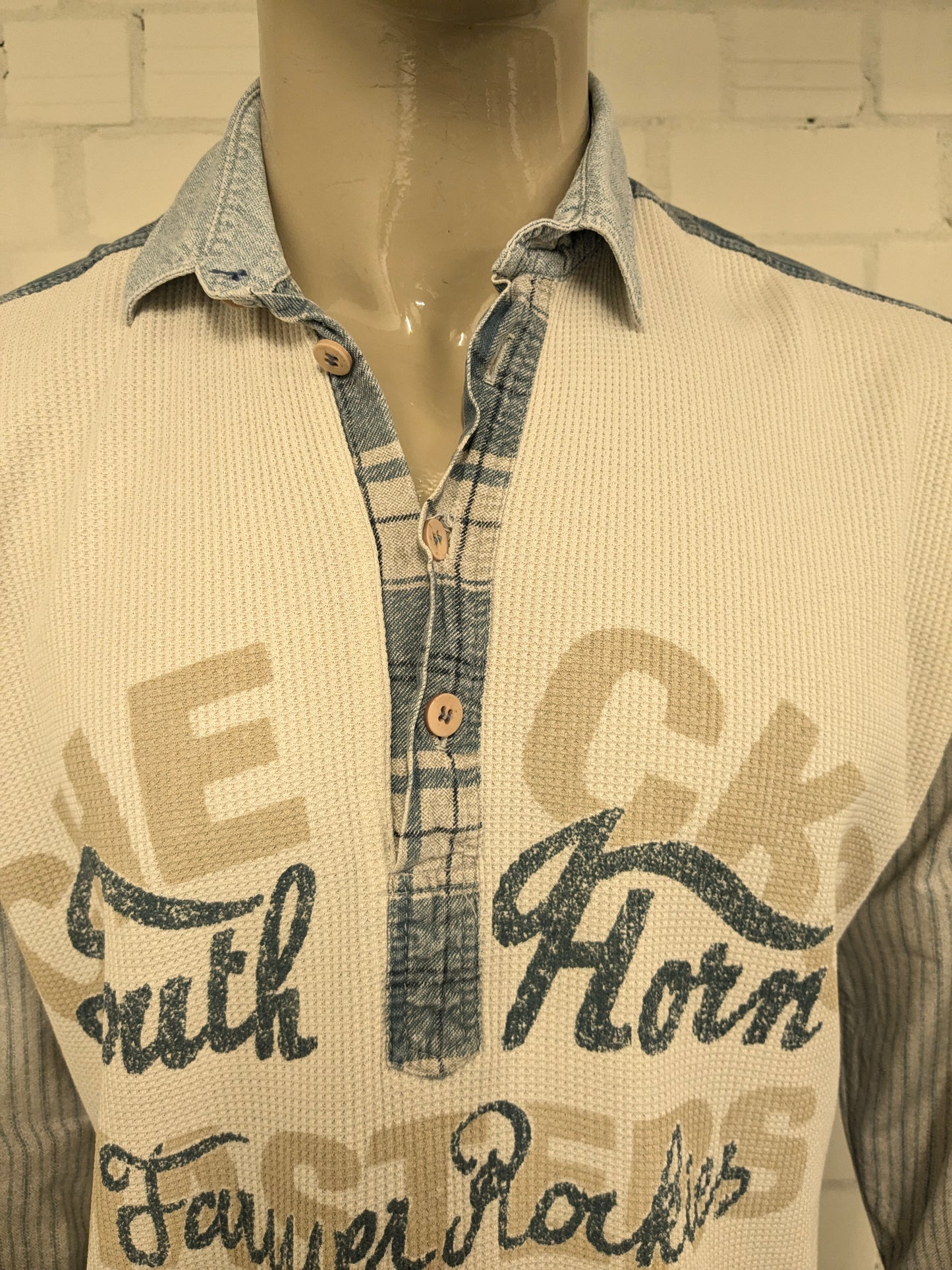 Maglione polo sottile vintage CDA. Colore Beige Grigio Blu. Taglia XL.