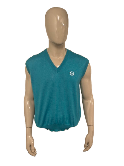 Vintage Sergio Tacchini Wollen spencer met V-Hals. Groen gekleurd. Maat L.