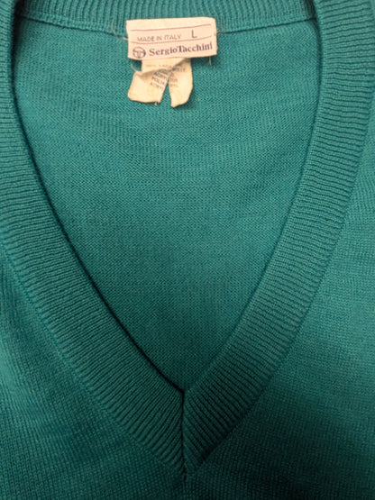 Vintage Sergio Tacchini Wollen spencer met V-Hals. Groen gekleurd. Maat L.