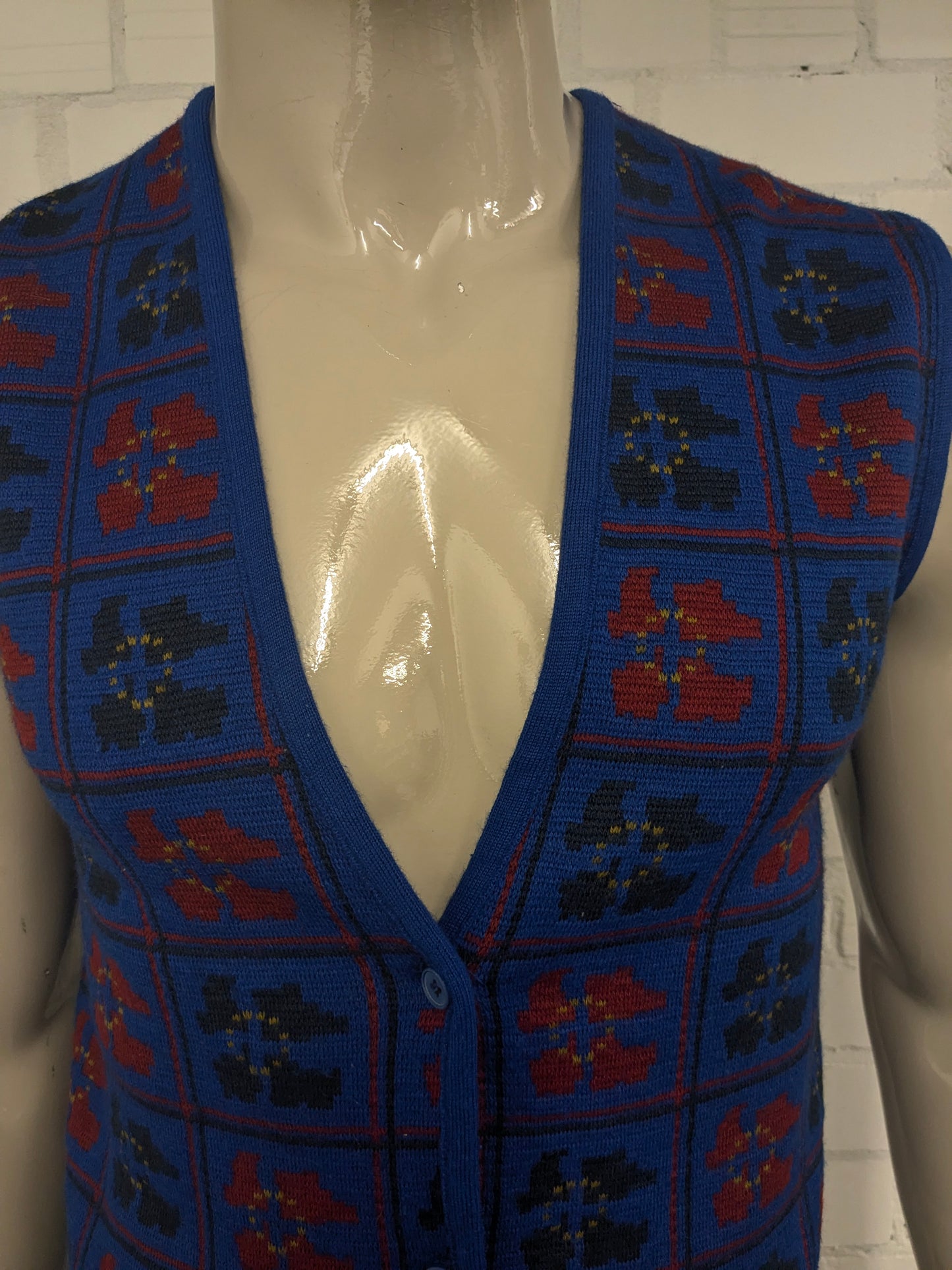 Vintage Rodier Paris Wollen spencer / vest. Rood Zwart Blauw gekleurd. Maat S.