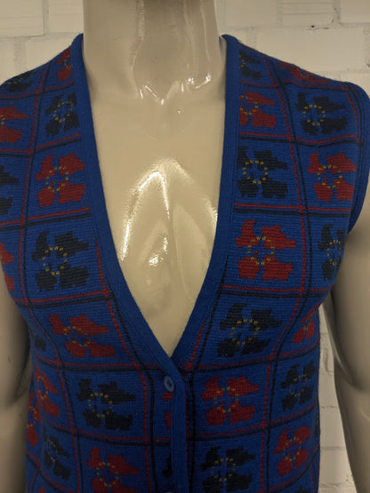 Vintage Rodier Paris Wollen spencer / vest. Rood Zwart Blauw gekleurd. Maat S.