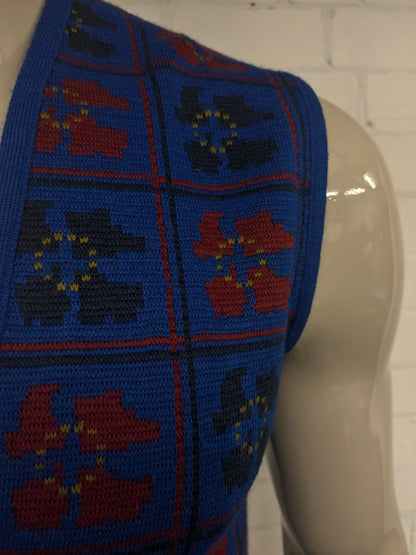 Vintage Rodier Paris Wollen spencer / vest. Rood Zwart Blauw gekleurd. Maat S.
