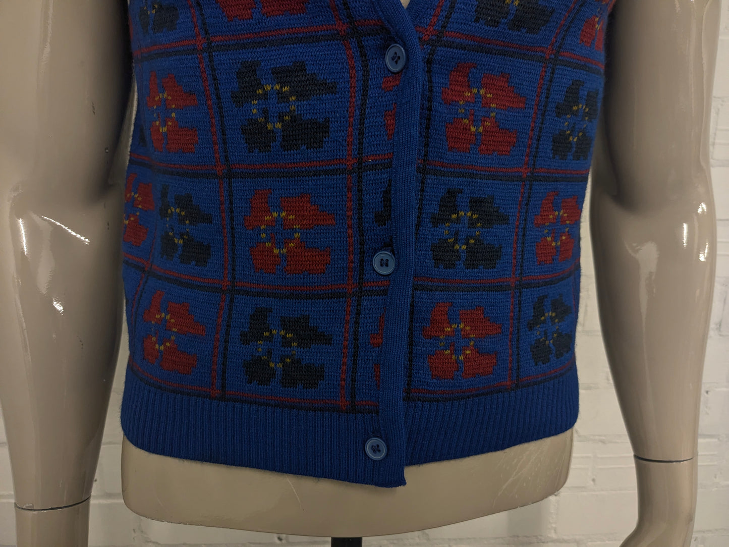Vintage Rodier Paris Wollen spencer / vest. Rood Zwart Blauw gekleurd. Maat S.